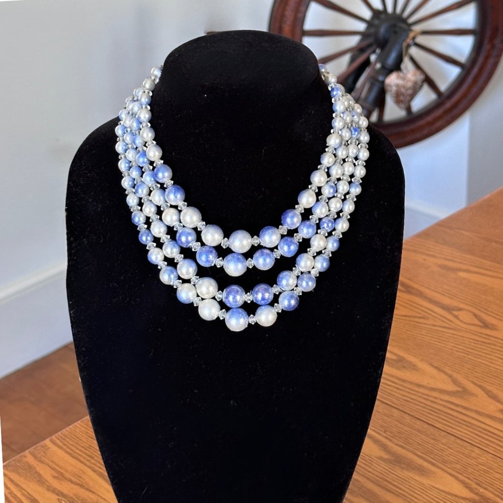 Mid-Century Vintage Four Strand Blue and White 17" Necklace Stamped Japan